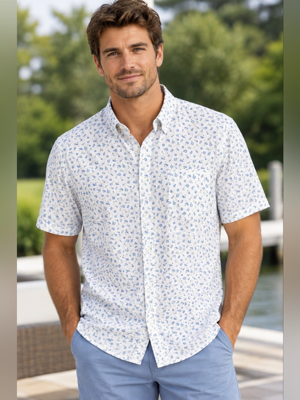 Izod Men’s White Short-Sleeve Button-Down Shirt with Blue Floral Print